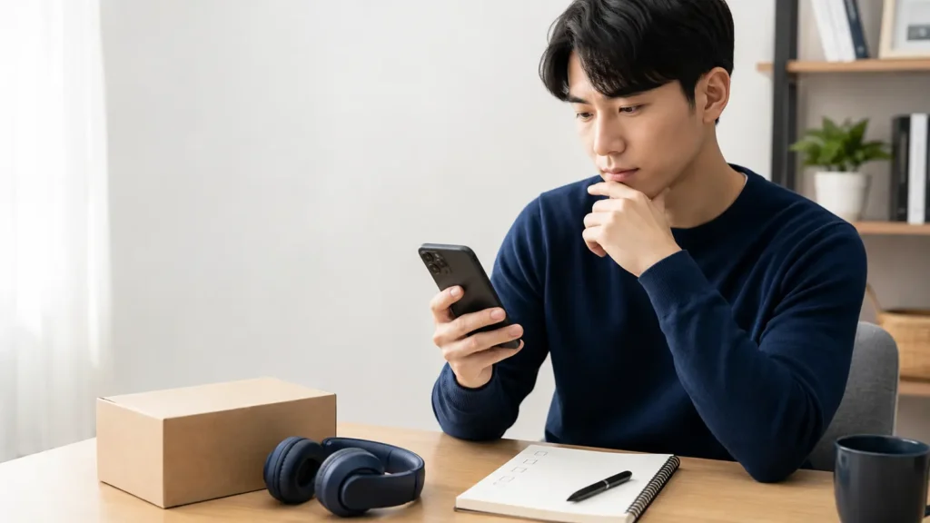 송금 전 중고거래 사기 예방을 고민하는 모습