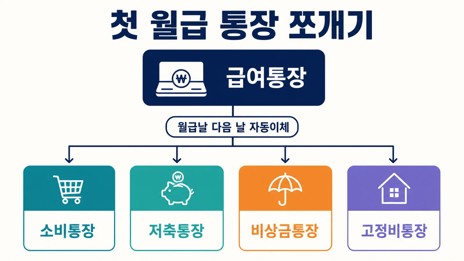 첫 월급 관리법의 핵심, 통장 쪼개기 구조도 - 급여통장에서 소비통장·저축통장·비상금통장·고정비통장으로 자동이체