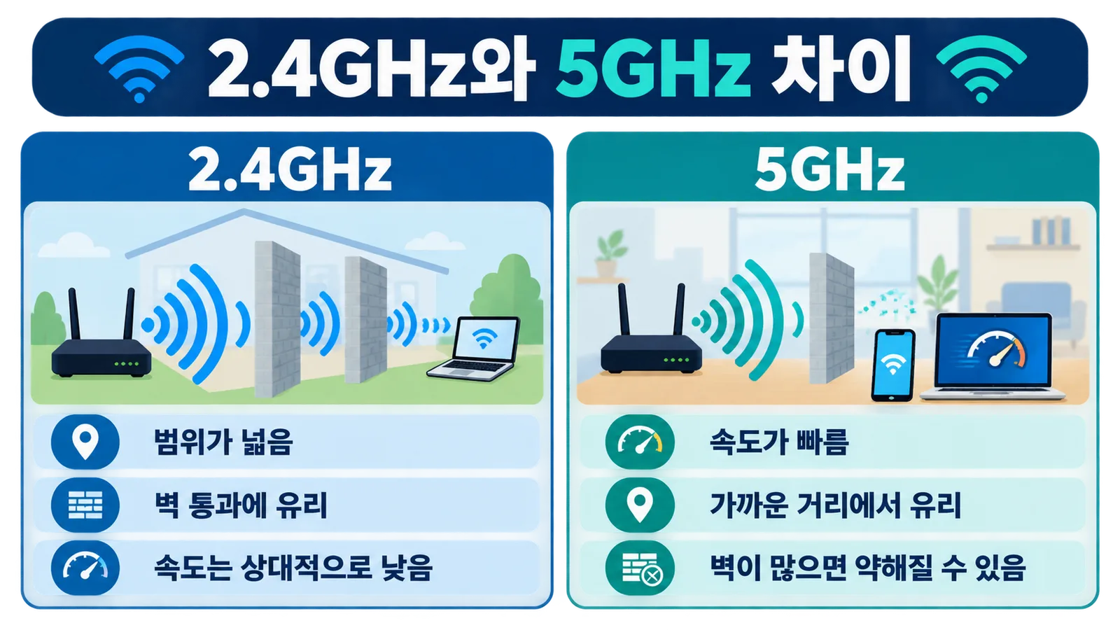 와이파이 2.4GHz와 5GHz 차이 비교, 거리별 신호 세기와 속도 특성