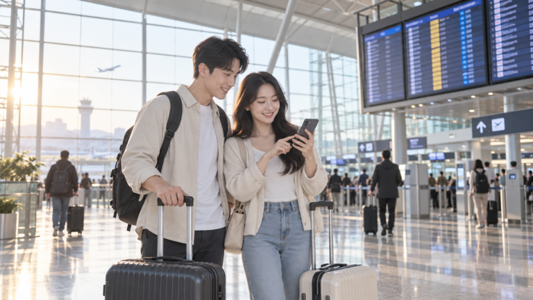 비엣젯 인천공항 터미널을 확인하는 여행객